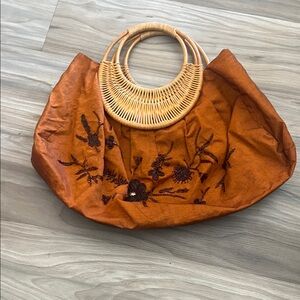 Embroidered Orange Tote Bag with Bamboo Handles